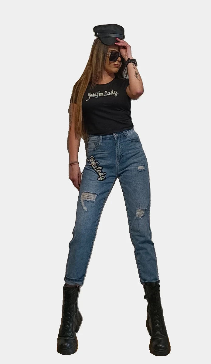 Сини дънки Mom Fit с декоративни камъни