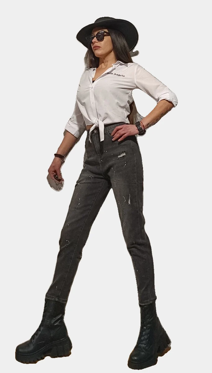 Дамски напръскани дънки Mom Fit